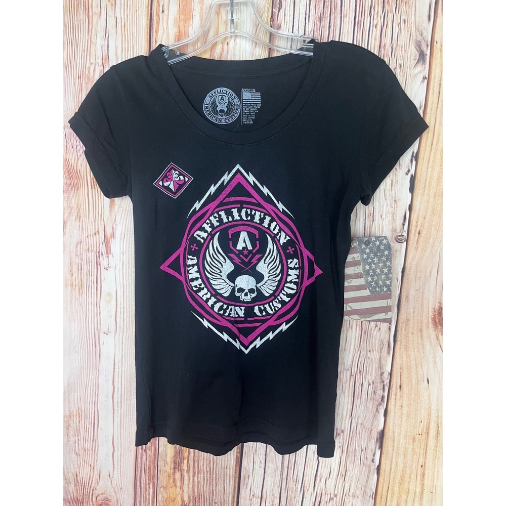 Affliction American Customs Tee Shirt Womens Size Medium Black Pink Short Sleeve